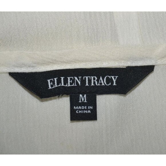 Ellen Tracy Size M Cream Very Short Sleeve Tunic Top Gauzy Cutout V-Neck Neutral - Picture 9 of 11